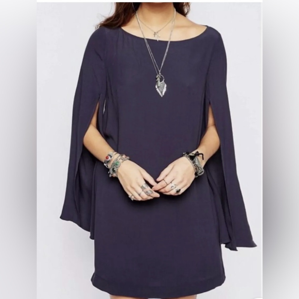 Free People Split Kimono Sleeve Navy Blue Draped Shirt Short Dress XS - Picture 2 of 11